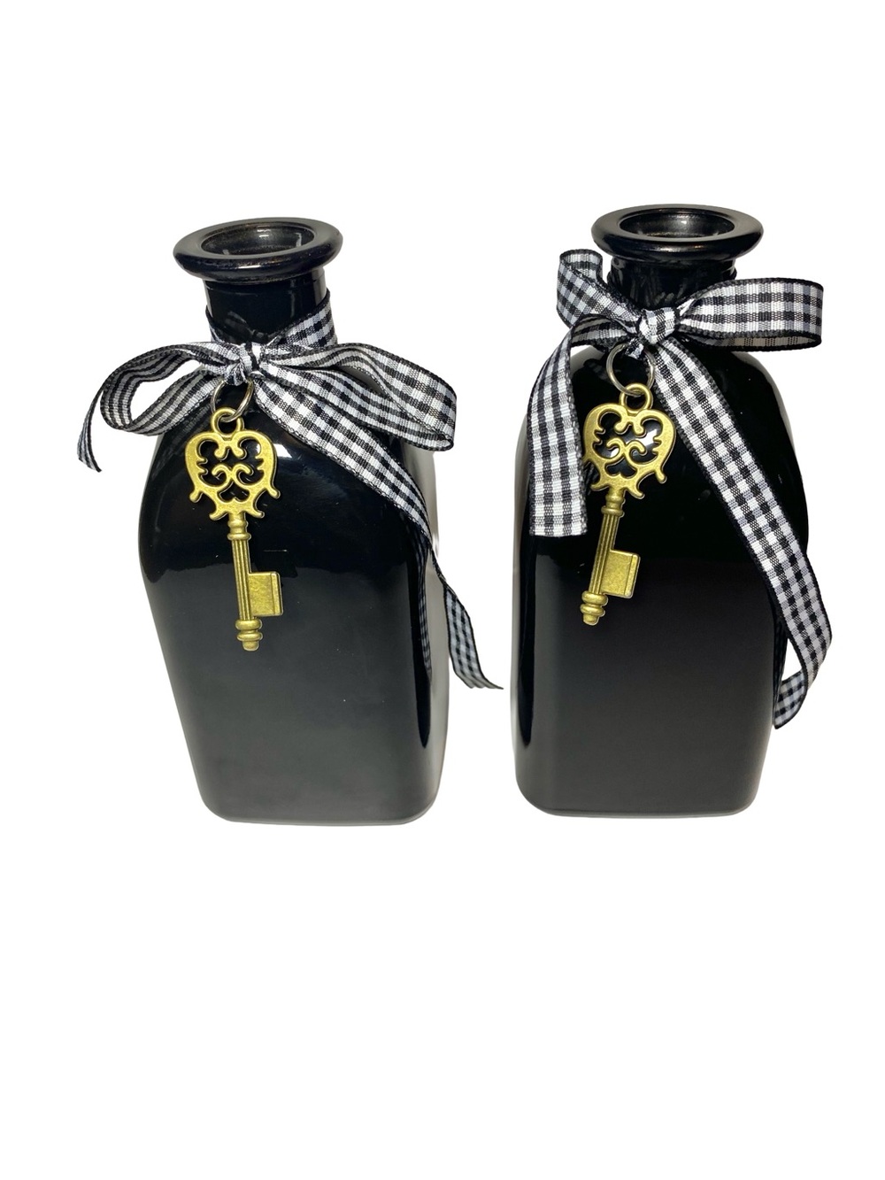 Set of 2 Black Glass Bottles with‎ Key Charms